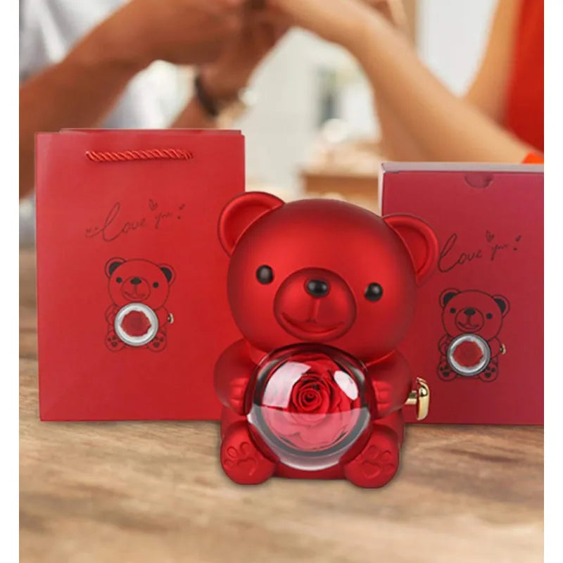 Hug Bear Flip Surprise Rose Flower Jewelry Box